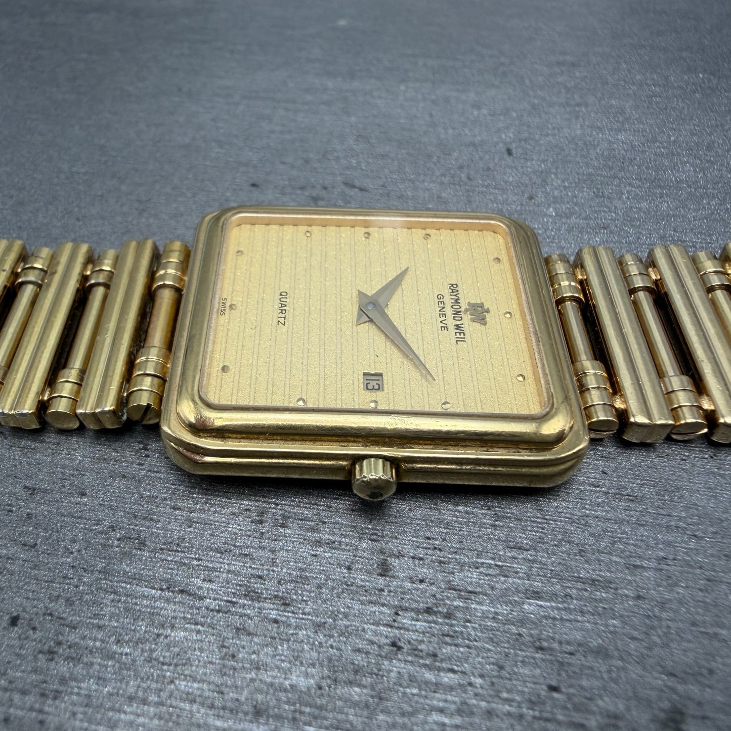 Raymond Weil Tank Watch Men 27mm Gold Dial Gold Plated Date 9983 READ!! New Batt4
