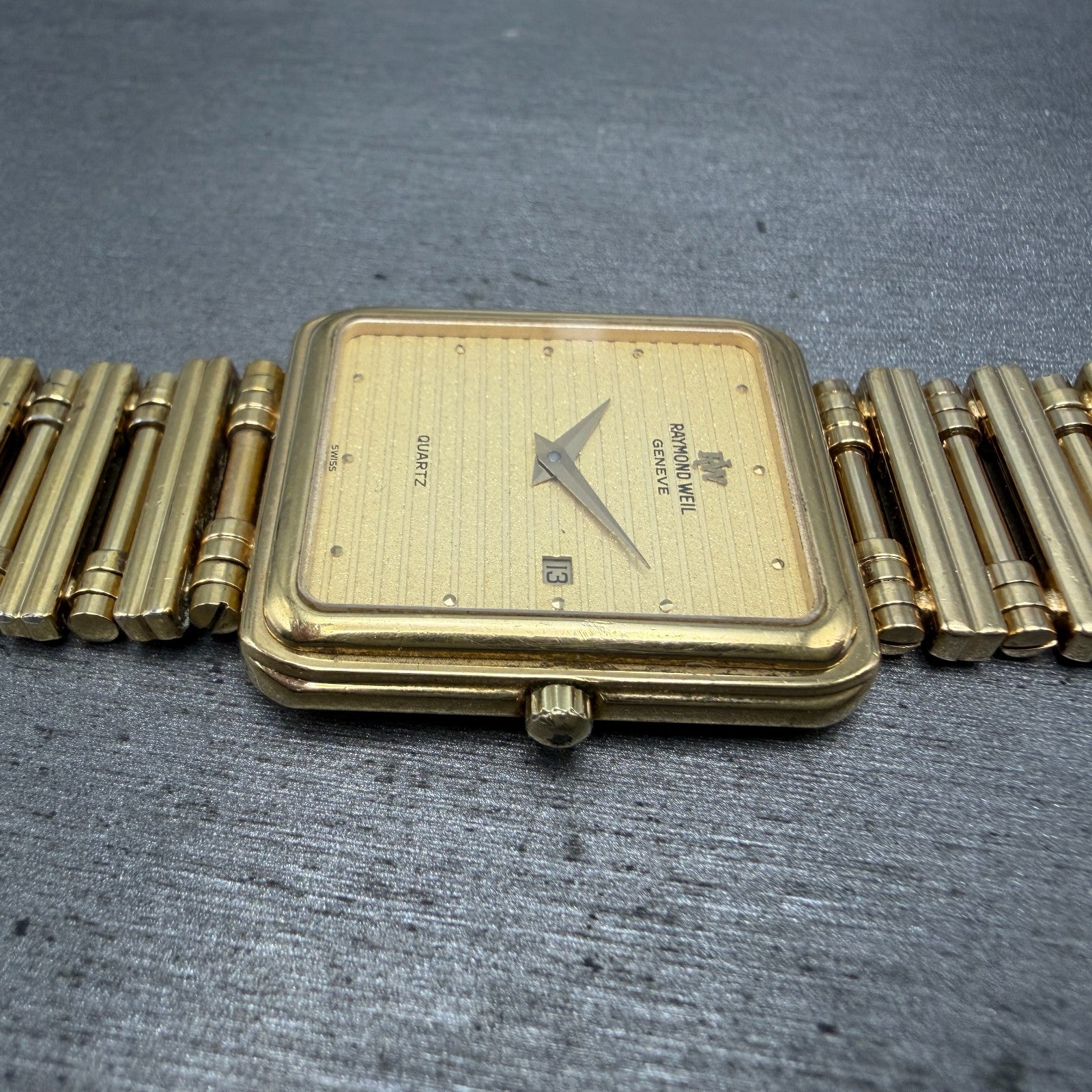 Raymond Weil Tank Watch Men 27mm Gold Dial Gold Plated Date 9983 READ!! New Batt4