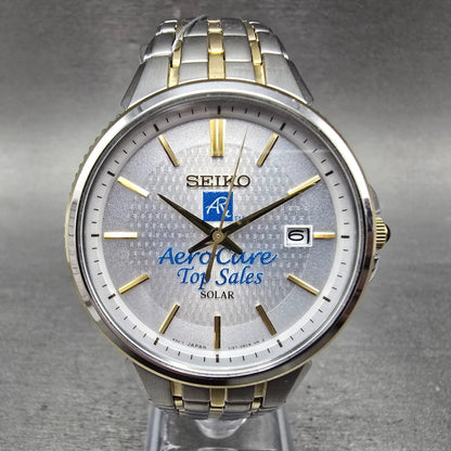 Seiko Solar Watch Men 40mm Silver Dial Two Tone Date Round V157-0CY0 Runs0