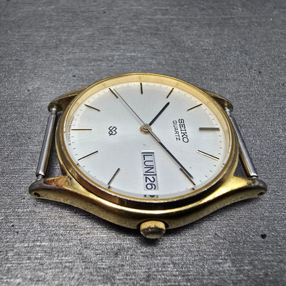 Seiko SQ Watch Men 32mm White Dial Gold Daydate Round 8223-7080 VTG PARTS7