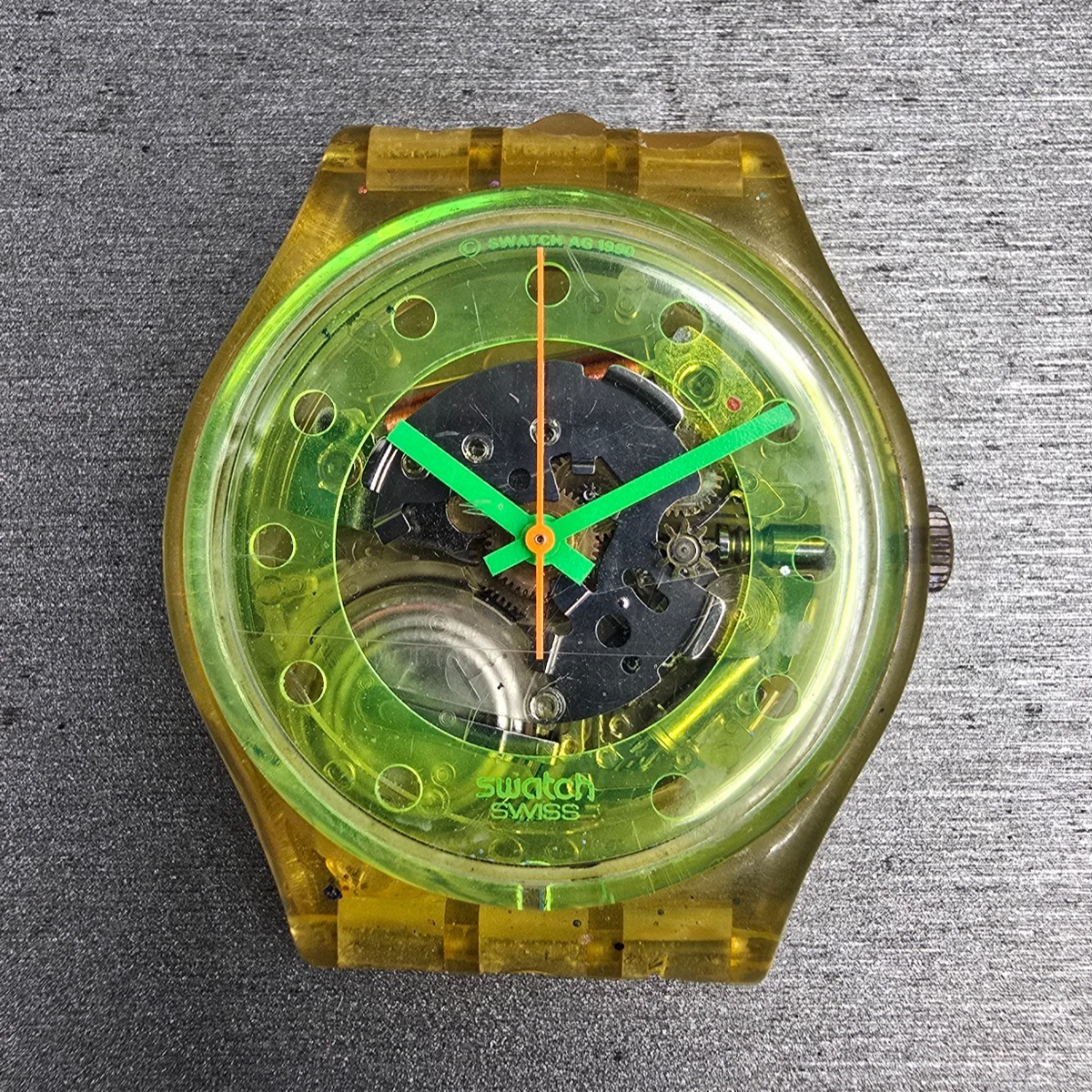 Swatch Bermudas Watch Men 34mm Green Dial Clear Case Round GK133 New Battery0