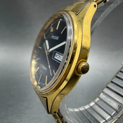 Seiko Pulsar Watch Men 34mm Black Dial Gold Tone Daydate V533-7A20 New Battery2