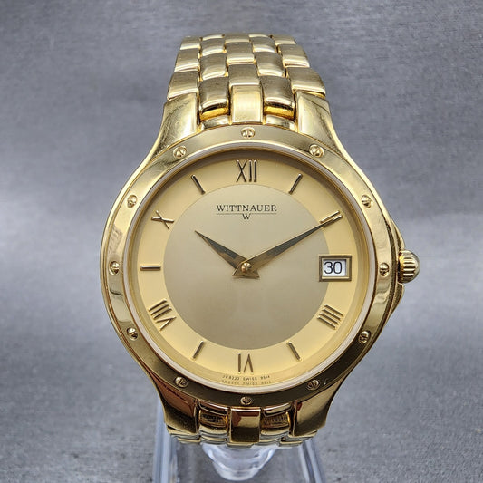 Wittnauer Watch Men 25mm Gold Dial Gold Tone Date Round JV8223 9514 New Battery0