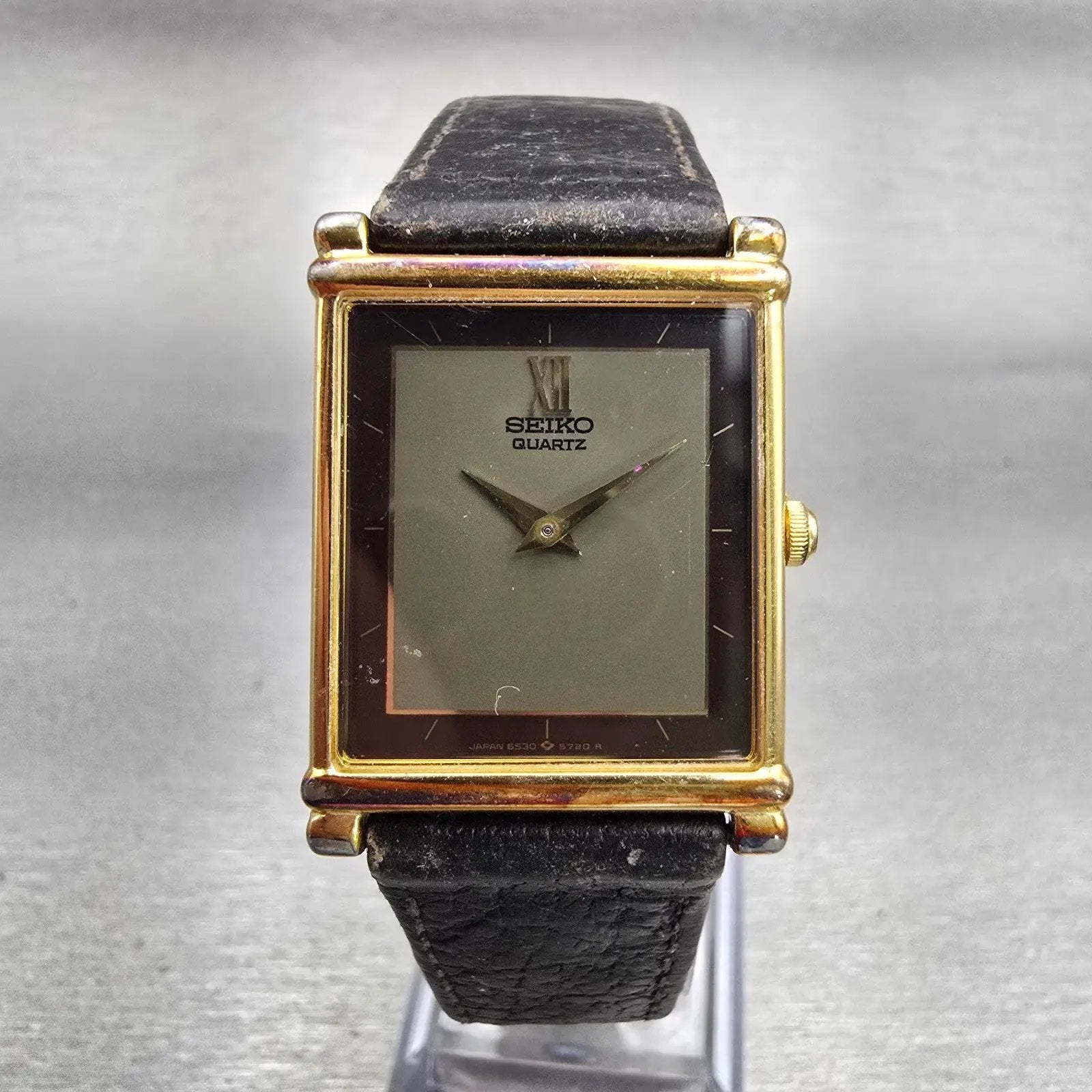 Seiko Watch Men 25mm Gray Dial Gold Tone Rectangle 6530-5399 New Battery Vintage0