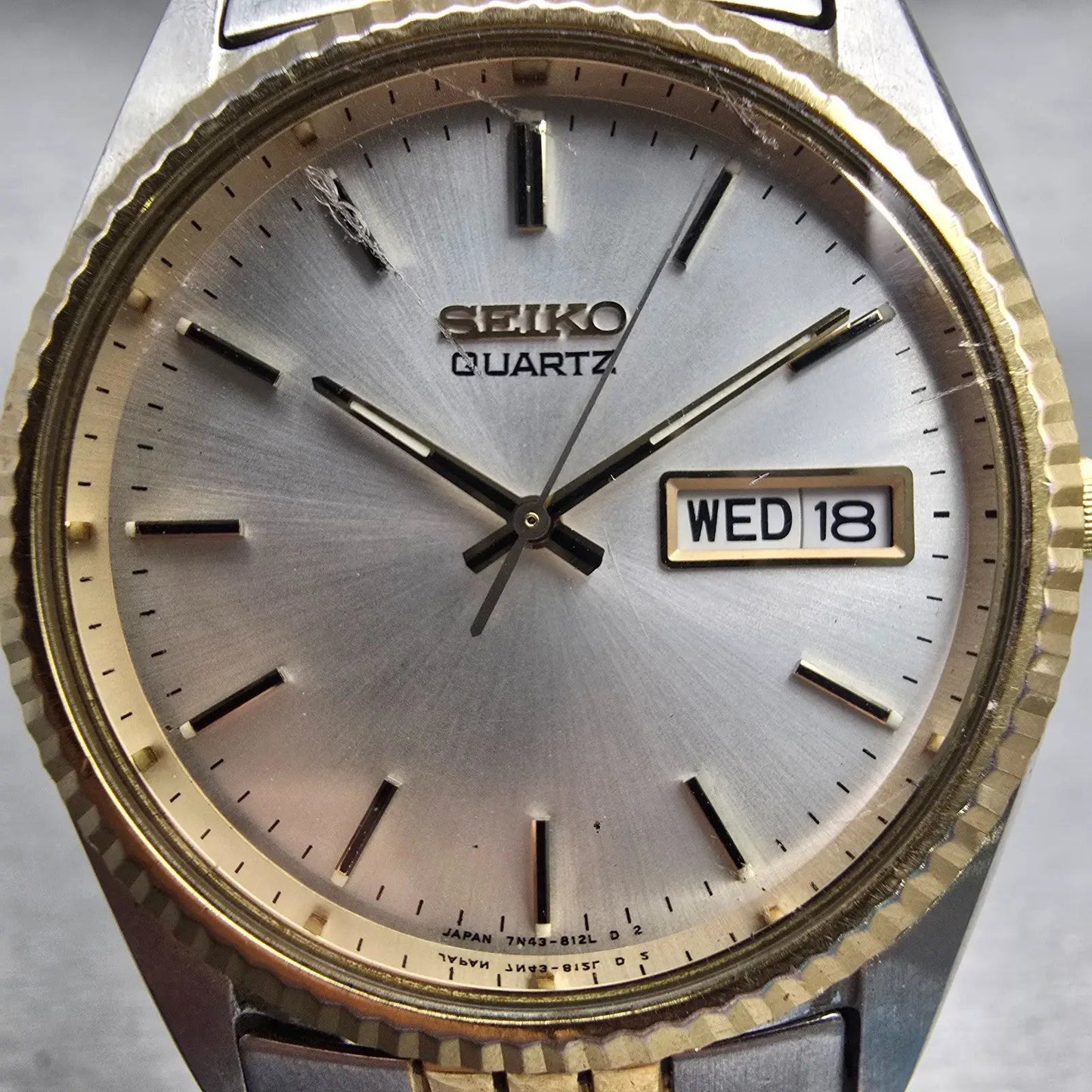 Seiko President Watch Men 35mm Silver Dial Two Tone Daydate 7N43-8119 New Batt1