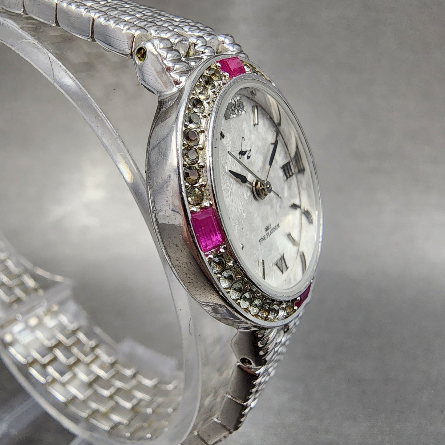 LZ Watch Women 25mm White Dial Silver Tone Ruby Bezel Diamonds Fine Plat New Bat3