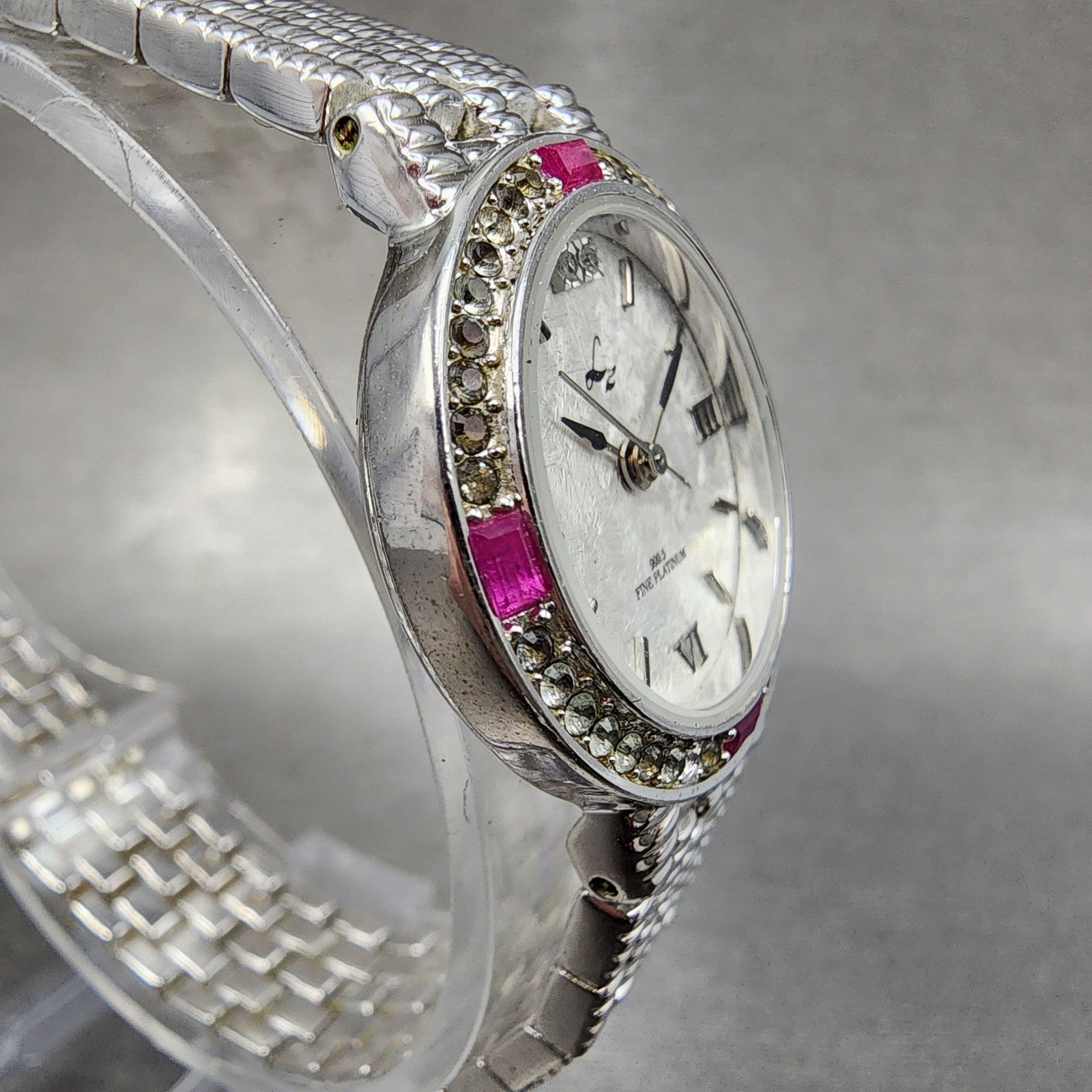 LZ Watch Women 25mm White Dial Silver Tone Ruby Bezel Diamonds Fine Plat New Bat3