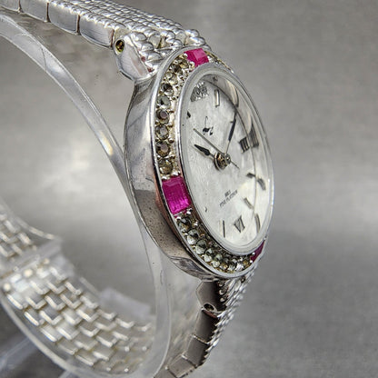 LZ Watch Women 25mm White Dial Silver Tone Ruby Bezel Diamonds Fine Plat New Bat3