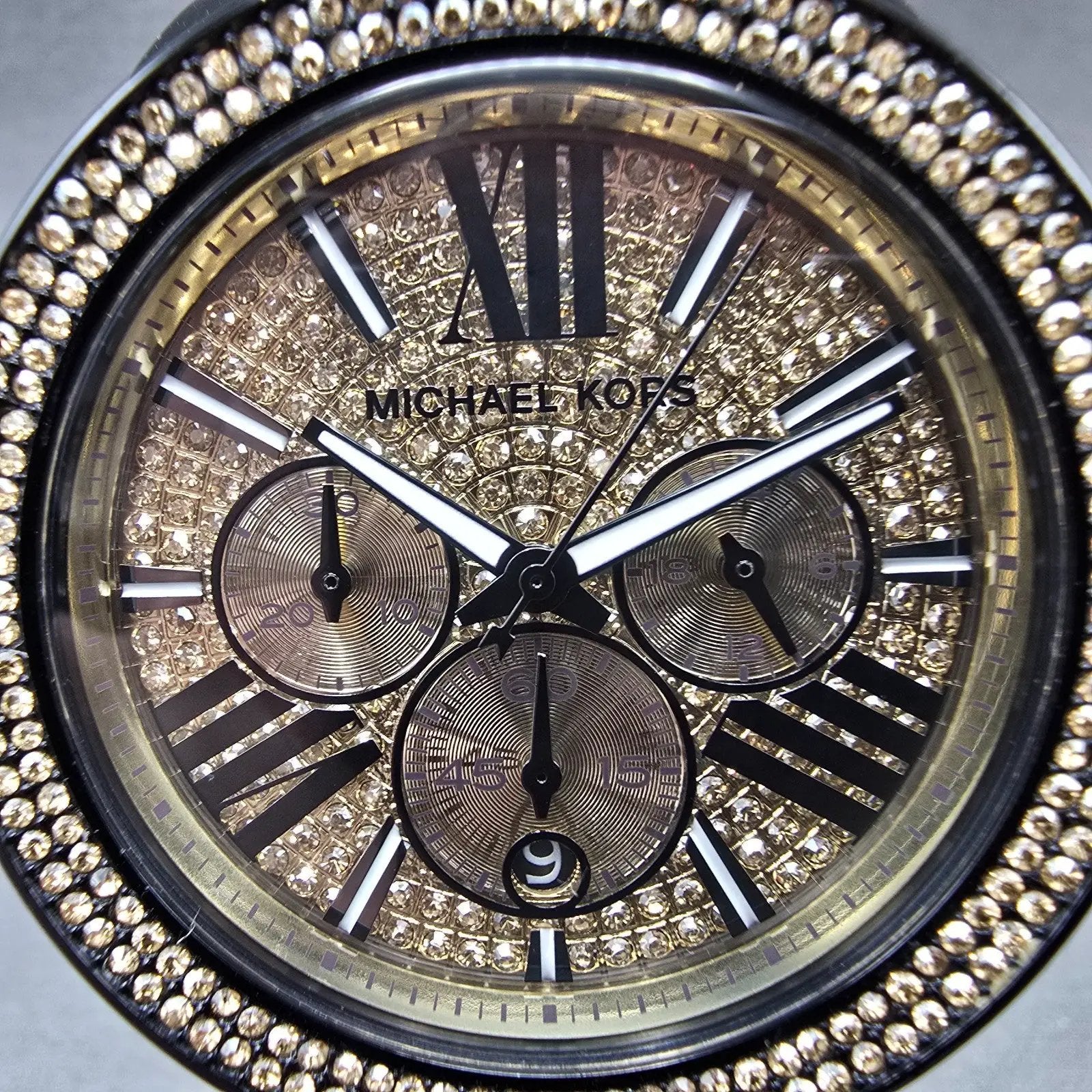 Michael Kors Wren Chronograph Watch Women 42mm Gold Dial Black Tone Dat New Bat1