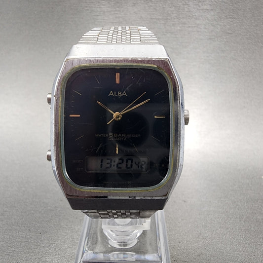 Seiko ALBA Analog Digital Watch Men 30mm Black Dial Silver Tone V041-5120 NewBat