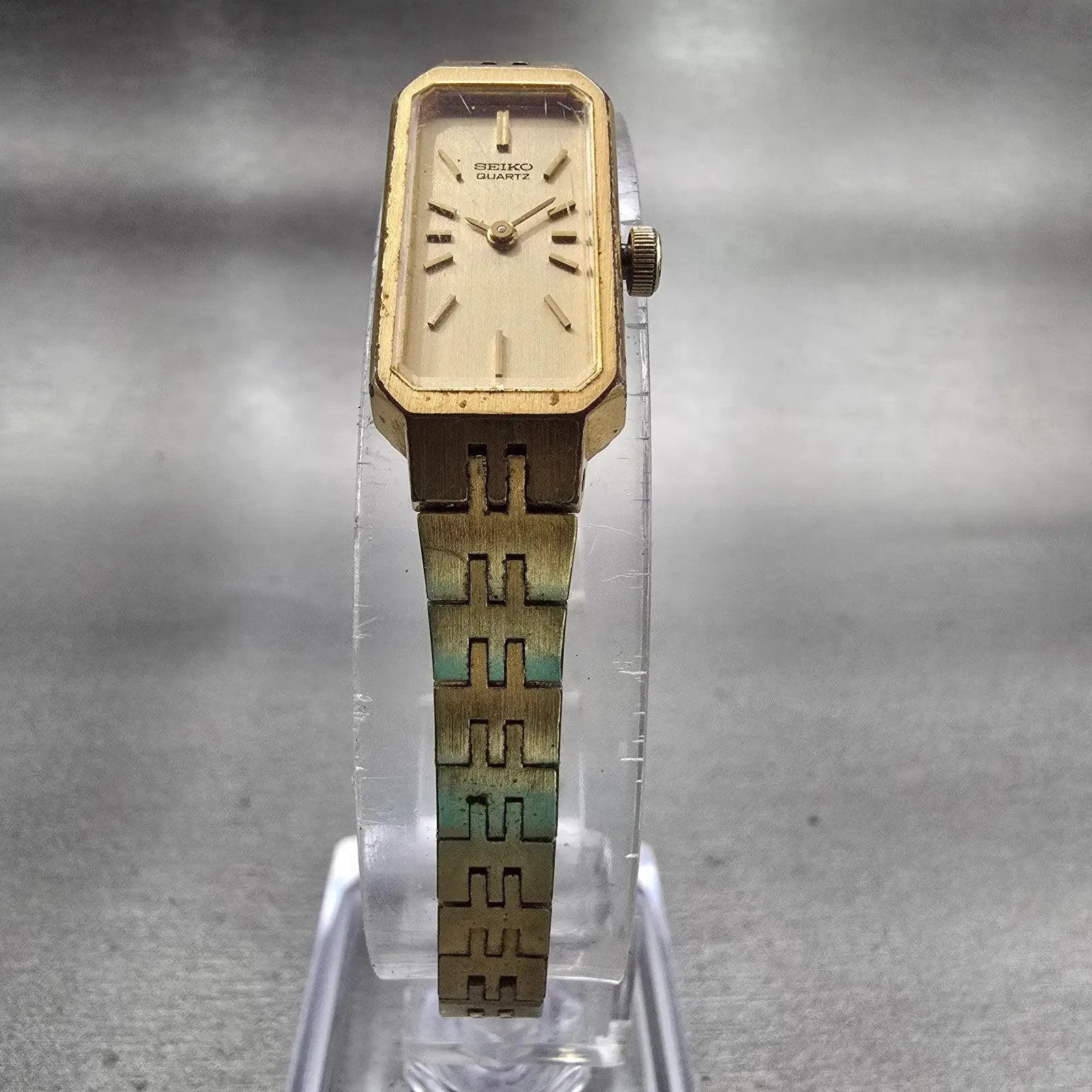 Seiko Watch Women 12mm Gold Dial Gold Tone Rectangle 1320-5029 New Battery VTG F5