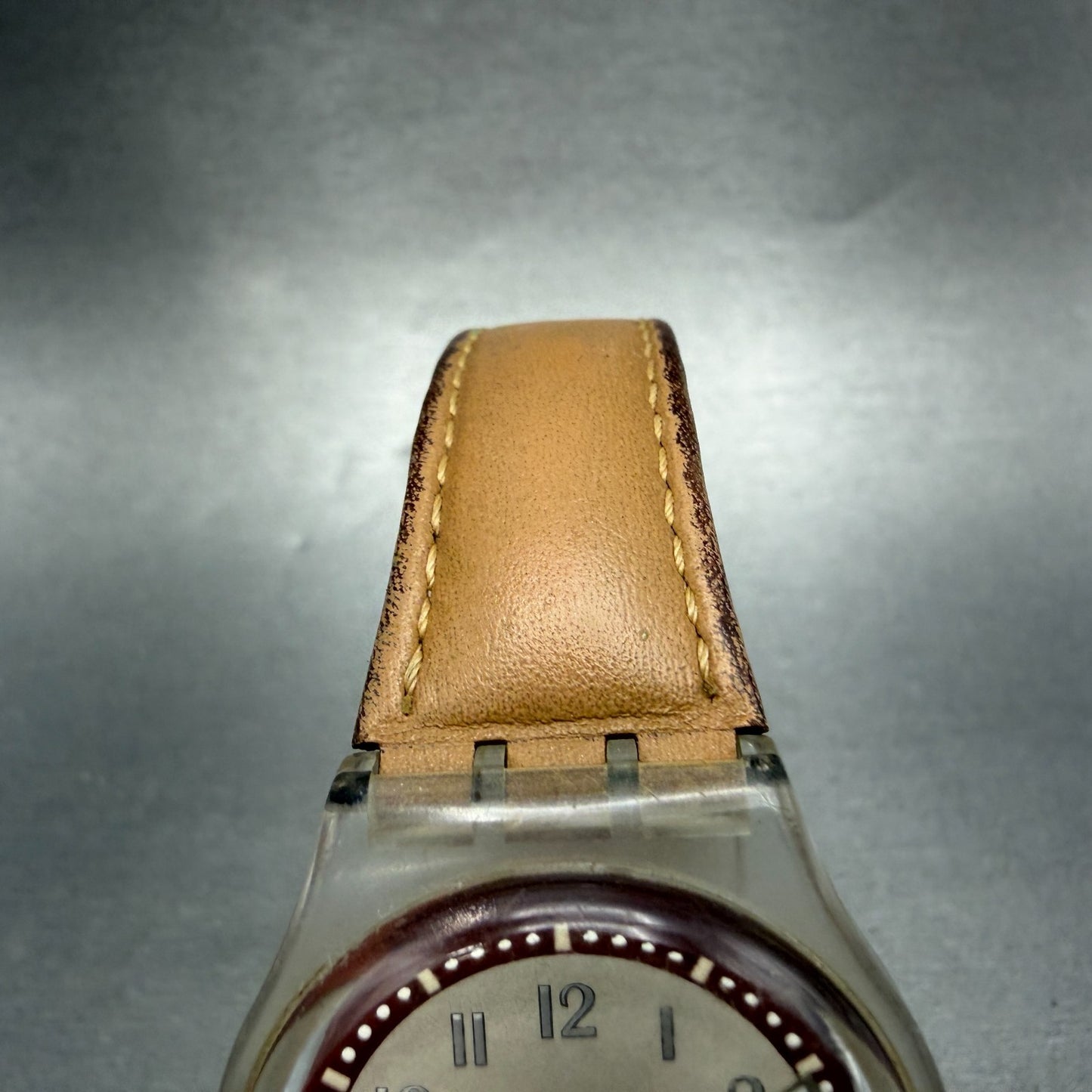 Swatch Croissant Chaud Watch Men 34mm Brown Dial Clear Case Daydate Round Works4
