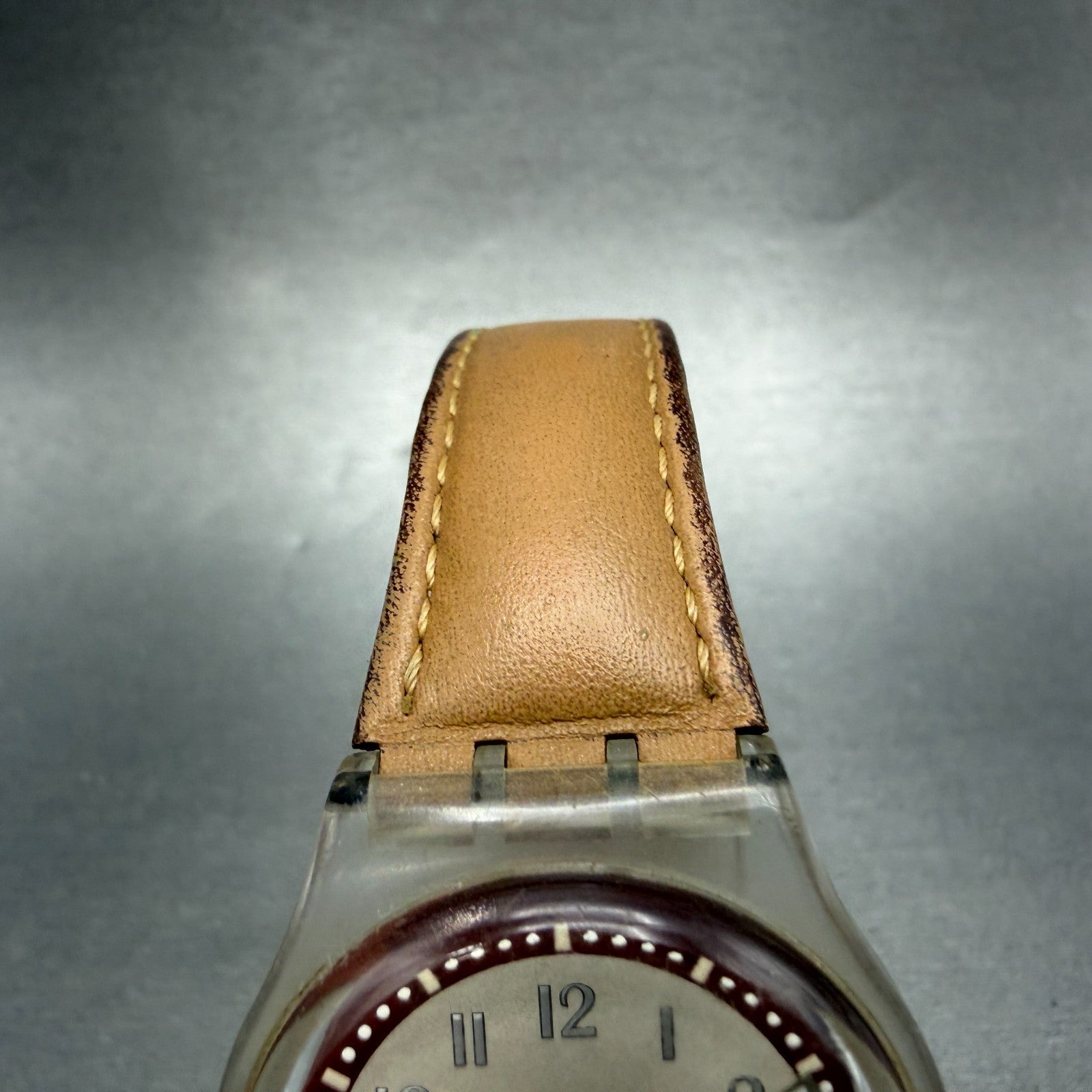 Swatch Croissant Chaud Watch Men 34mm Brown Dial Clear Case Daydate Round Works4