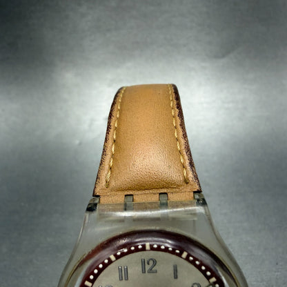 Swatch Croissant Chaud Watch Men 34mm Brown Dial Clear Case Daydate Round Works4