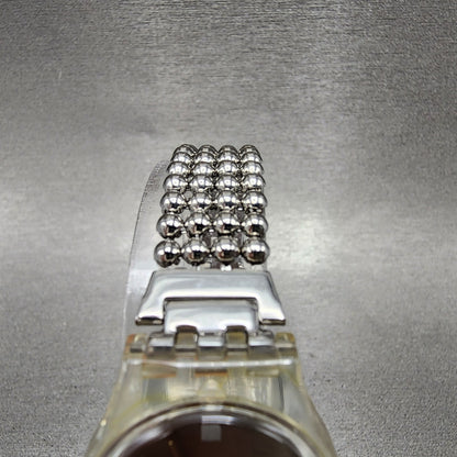 Swatch Silver Fall Watch Women 25mm Silver Dial Clear Case Round LW130 New Batt4