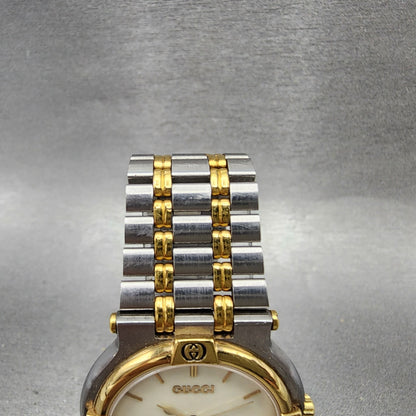 Gucci 9000M Watch Men 32mm Cream Dial Two Tone Date Round Bracelet New Battery4