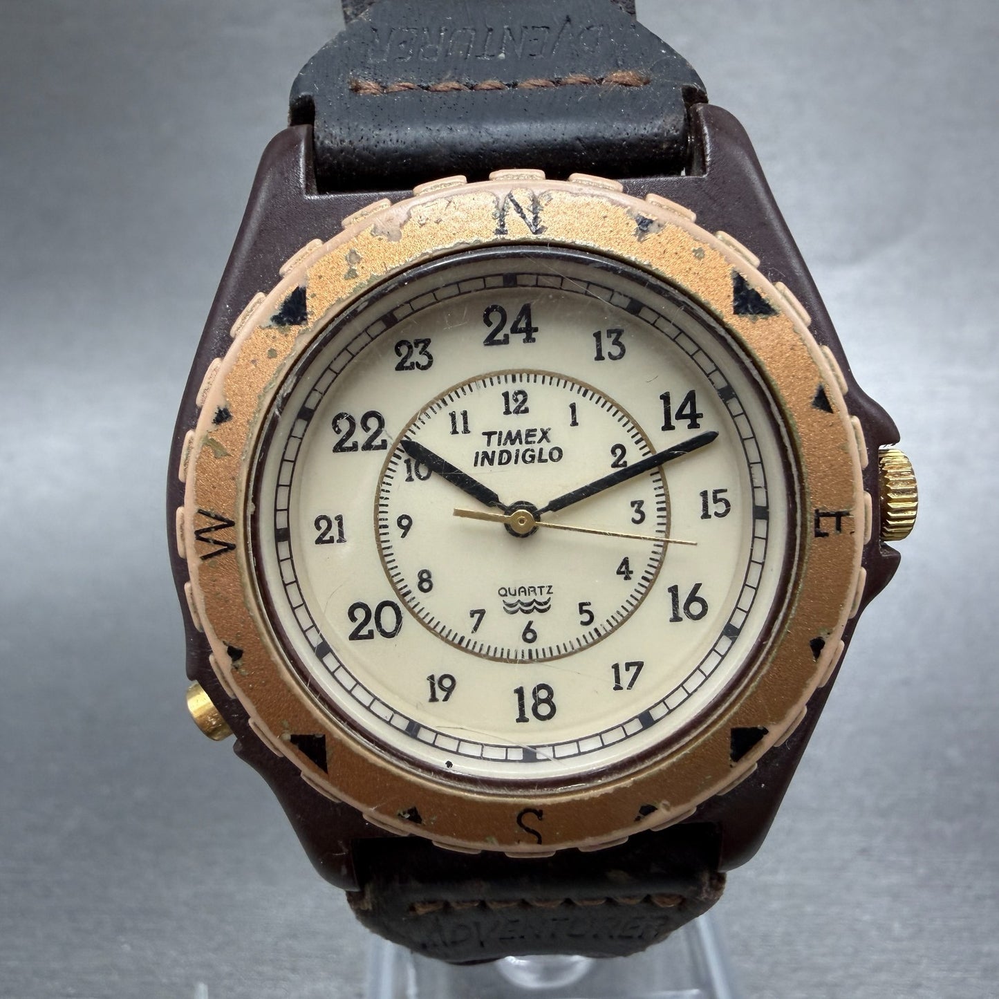 Timex Indiglo Adventurer Watch Men 38mm Cream Dial Brown Tone 42902 New Battery0