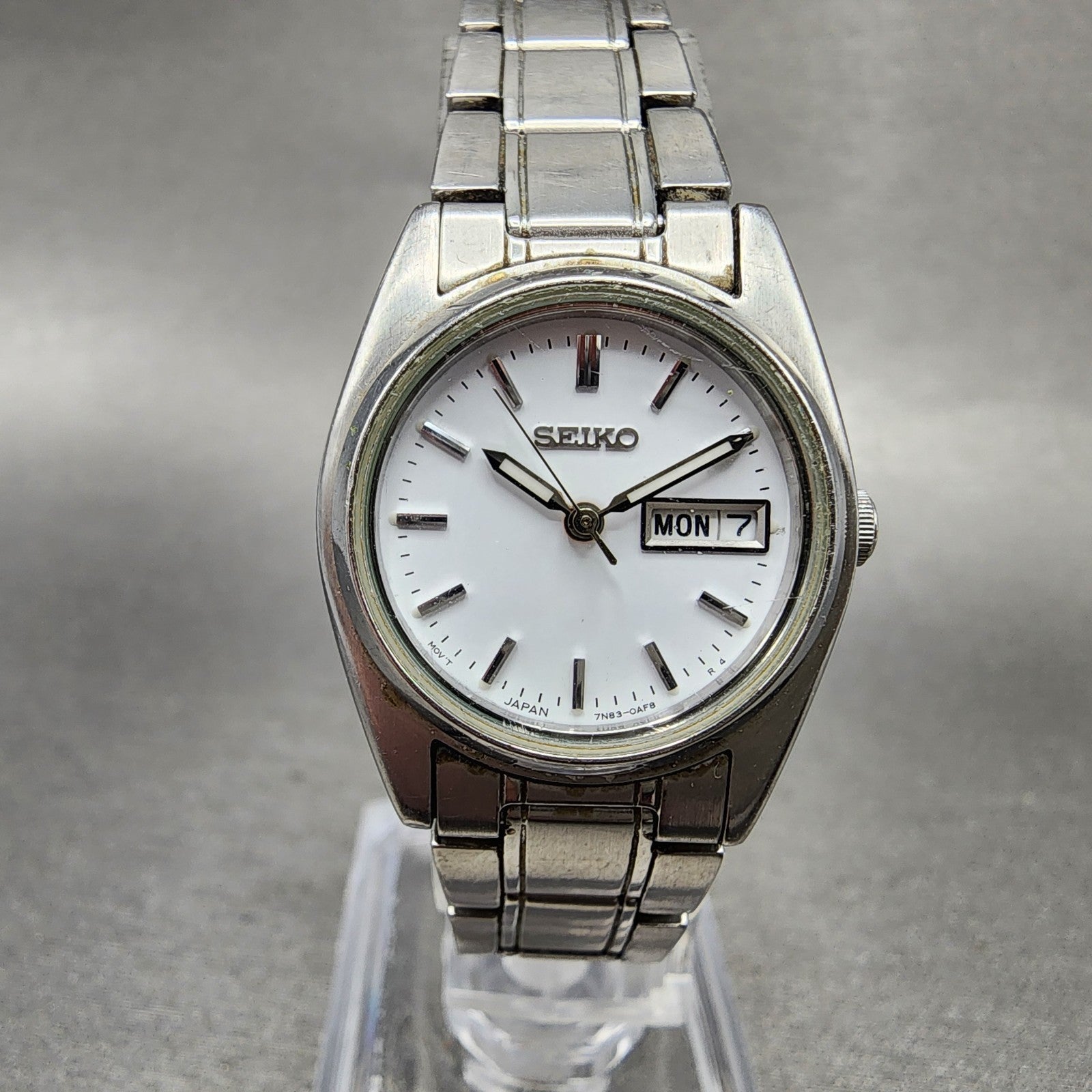 Seiko Watch Women 25mm White Dial Silver Tone Daydate 7n830011 Round NewBattery0