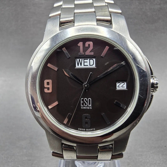 ESQ Watch Men 36mm Black Dial Silver Tone Daydate Round E5312 New Battery Swiss0