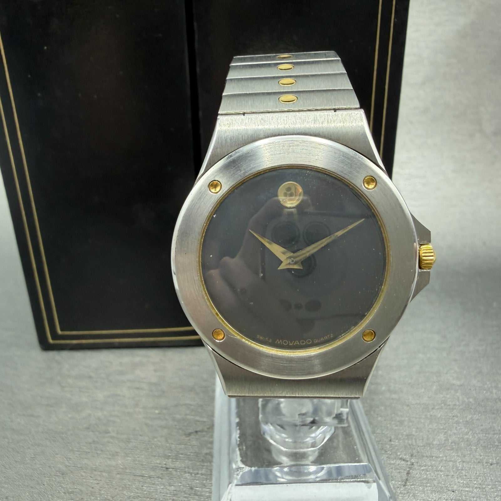 Movado Museum Watch Men 34mm Black Dial Two Tone Round New Battery W/Box0