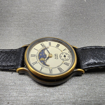 Seiko Alba Sun Moon Watch Women 25mm Cream Dial Gold Tone Date V8060060 NewBat5