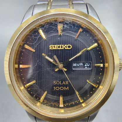Seiko Solar Watch Women 28mm Blue Dial Two Tone Daydate Round READ!!!! V1380AB01