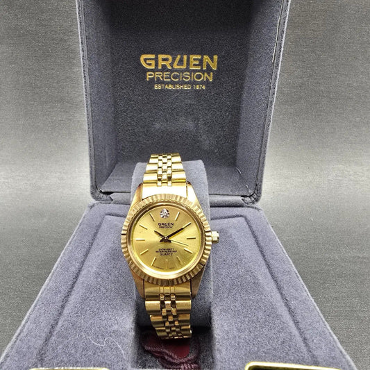 Gruen Precision Watch Women 26mm Gold Dial  Gold Tone Round New Battery0