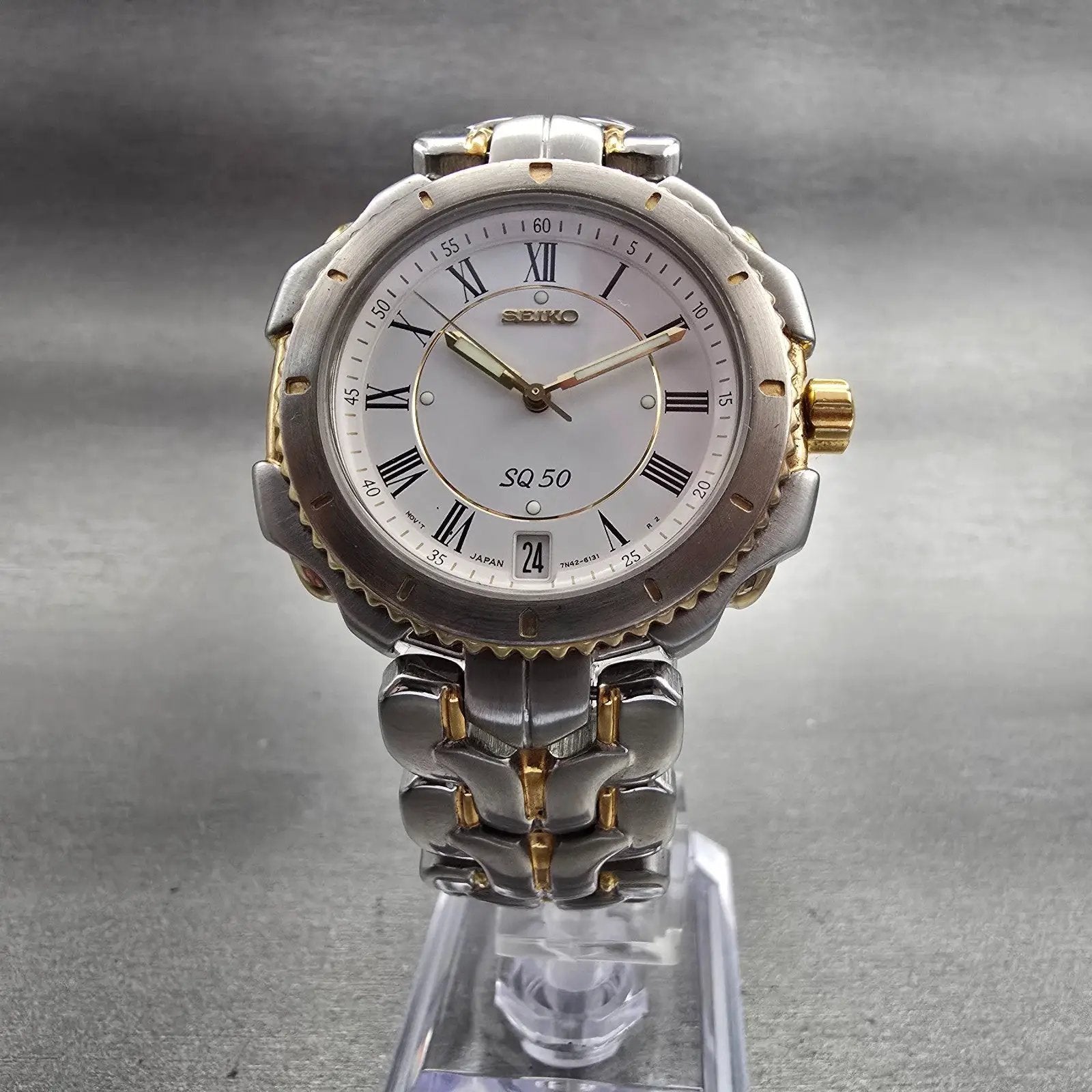 Seiko SQ Watch Men 36mm White Dial Two Tone Date Round 7N42-6090 New Battery VTG5