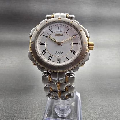 Seiko SQ Watch Men 36mm White Dial Two Tone Date Round 7N42-6090 New Battery VTG5