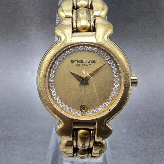 Raymond Weil Watch Women 24mm Gold Dial Gold Plated Round 5355 New Battery0