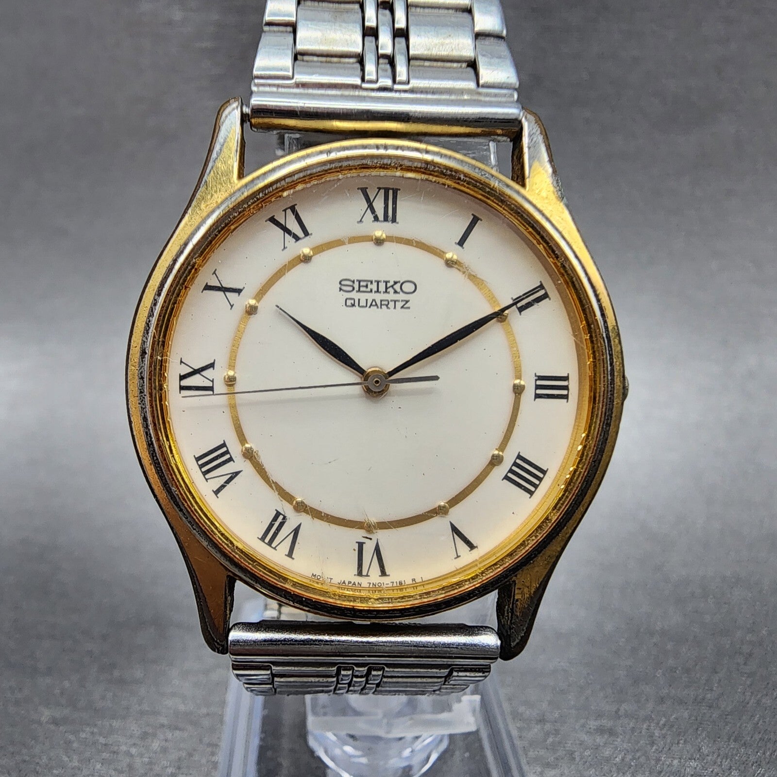 Seiko Watch Men 32mm White Dial Gold Tone Round 7N017041 New Battery VTG0