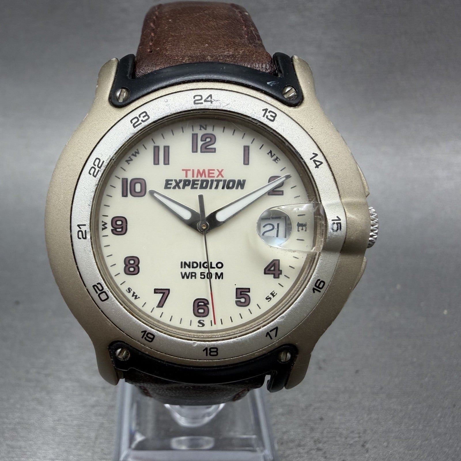 Timex Expedition Watch Men 39mm Cream Dial Silver Tone Date Indiglow New Battery0