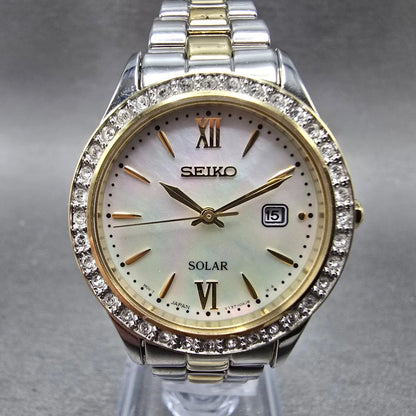 Seiko Solar Watch Women 28mm MOP Dial Two Tone Date Gemmed V137-0AA0 Works JP 670