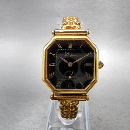 Longines Watch Women 24mm Black Dial Gold Plated Manual Wind Runs Octagon VTG1