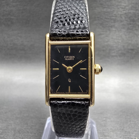 Citizen Tank Watch Women 17mm Black Dial Gold Rectangle 3220-S18604 New Battery0