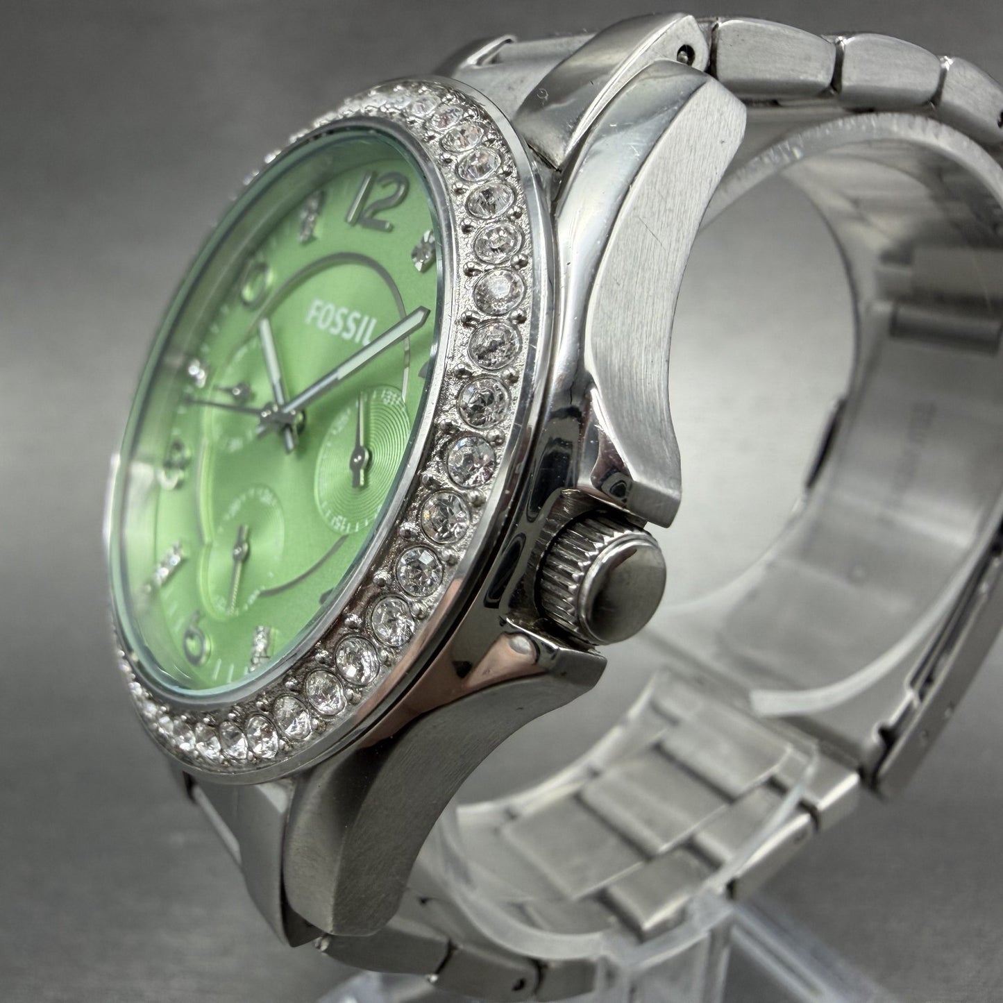Fossil Riley Watch Women 39mm Green Dial Silver Tone Daydate Round ES3725 NewBat2