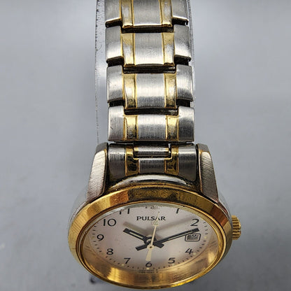 Pulsar Watch Women 22mm Silver Dial Two Tone Date Round VJ22-X025 New Battery