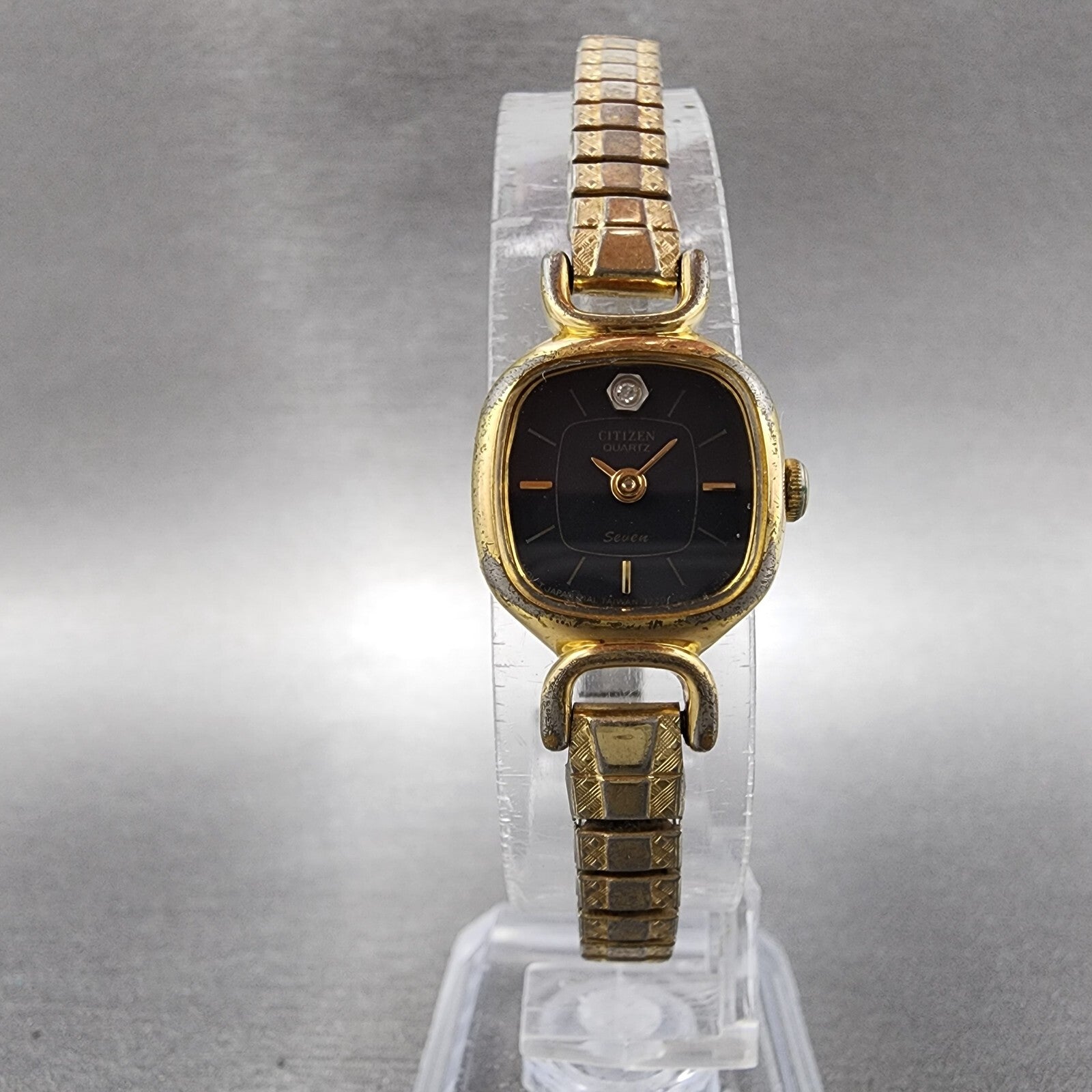 Citizen Seven Watch Women 17mm Black Dial Gold Tone Square 3220949081 New Batt5