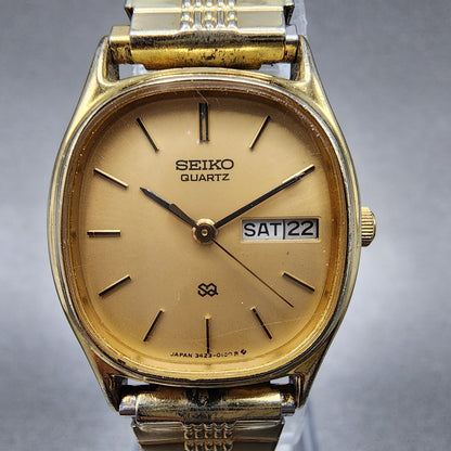 VTG Seiko SQ Watch Women 22mm Gold Dial Gold Tone Daydate Oval 34235040 NewBatt1