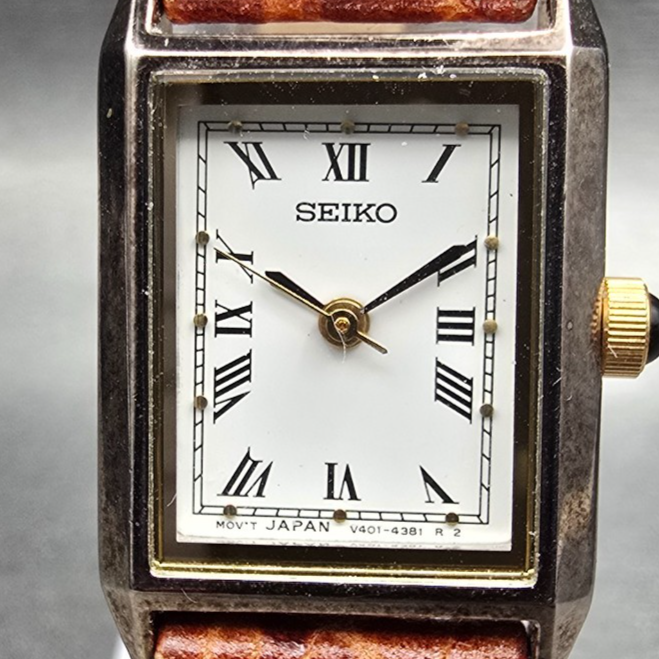 Seiko Tank Watch Women 18mm White Dial Silver Tone Rectangle V401-5689 New Batt1