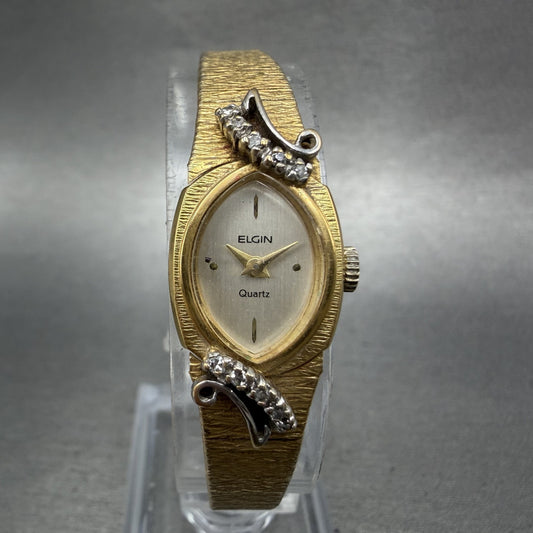 Elgin Watch Women 14mm Silver Dial Gold Tone Oval Diamond Accents New Battery0