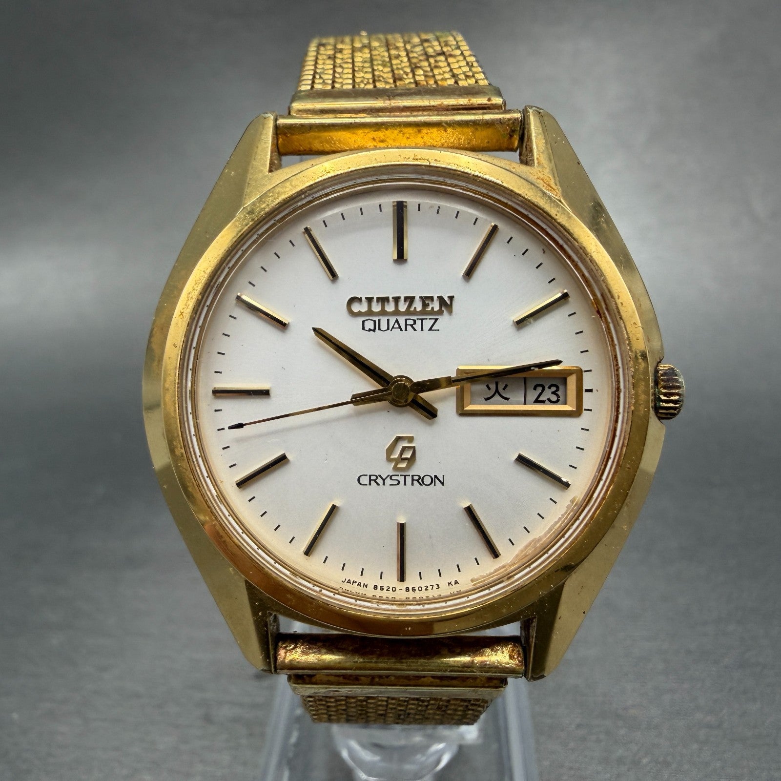 Citizen CQ Crystron Watch Men 38mm Silver Dial Gold Tone Daydate 4-860250 NewBat0