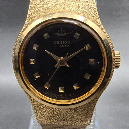 Seiko Watch Women 20mm Black Dial Gold Tone Round 8Y21-0020 New Battery Vintage(1