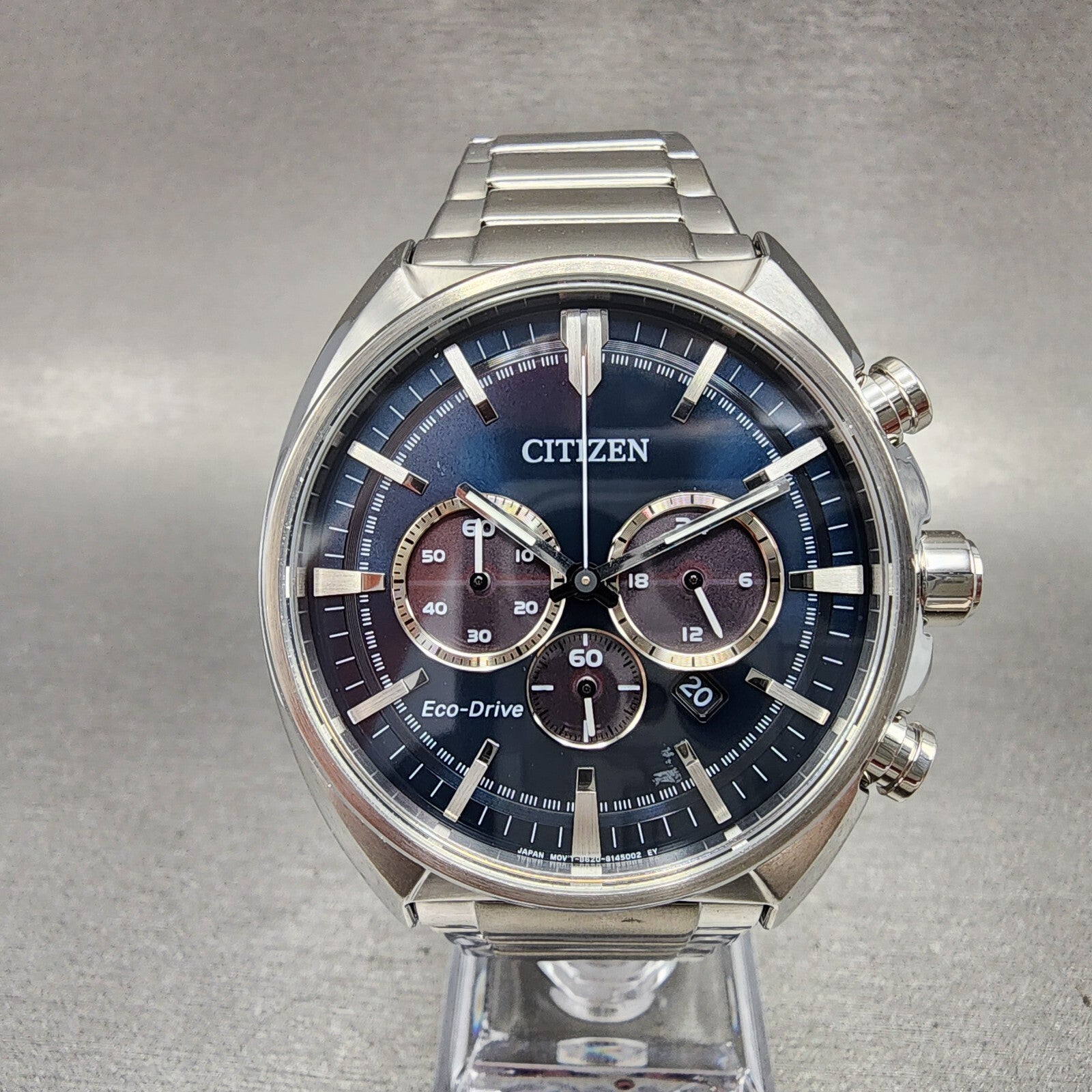 Citizen EcoDrive Chronograph Watch Men 45mm Blue Dial Steel Date CA428886L A120