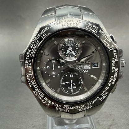 Seiko Coutura World Timer Watch Men 42mm Black Dial Steel Date 5T82-0AA0 PARTS0
