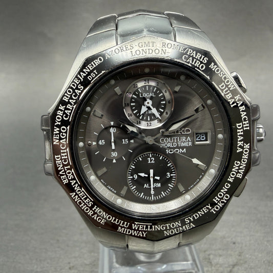 Seiko Coutura World Timer Watch Men 42mm Black Dial Steel Date 5T82-0AA0 PARTS0