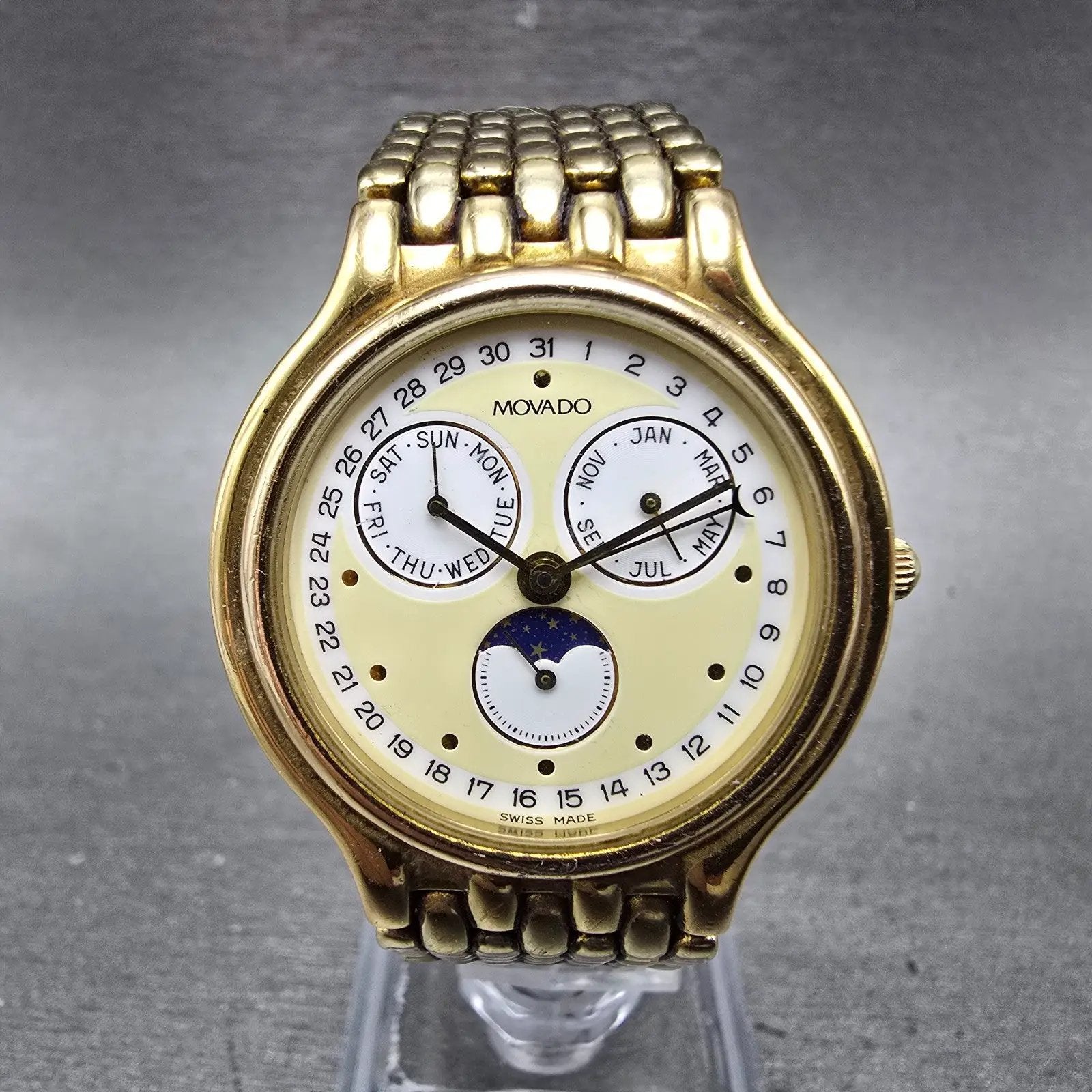 Movado Triple Calendar Moon Phase Watch Men 32mm White Dial Gold Tone NewBattery2