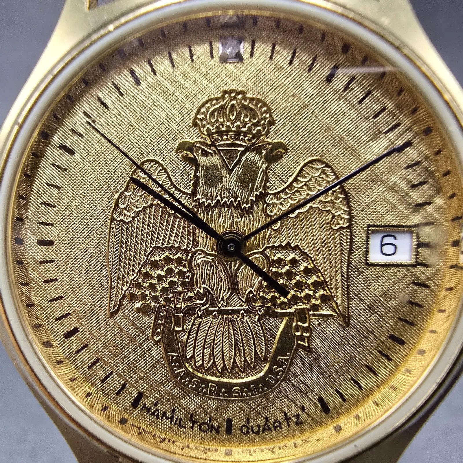 Hamilton Masonic Watch Men 34mm Gold Dial Gold Tone Date Round 9812 New BatteryP1