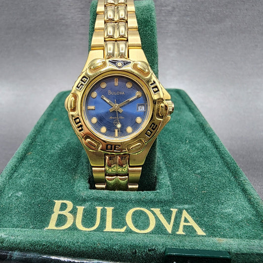Bulova Marine Star Watch Women 28mm Blue Dial Gold Tone Date 97M31 New Batt NOS0