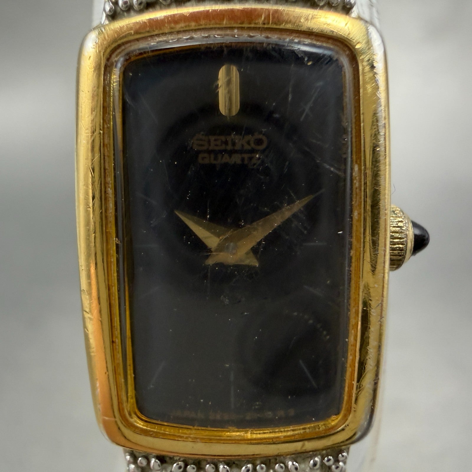 Seiko Tank Watch Women 13mm Black Dial Gold Tone Rectangle 2E20-6929 New Batt TE1